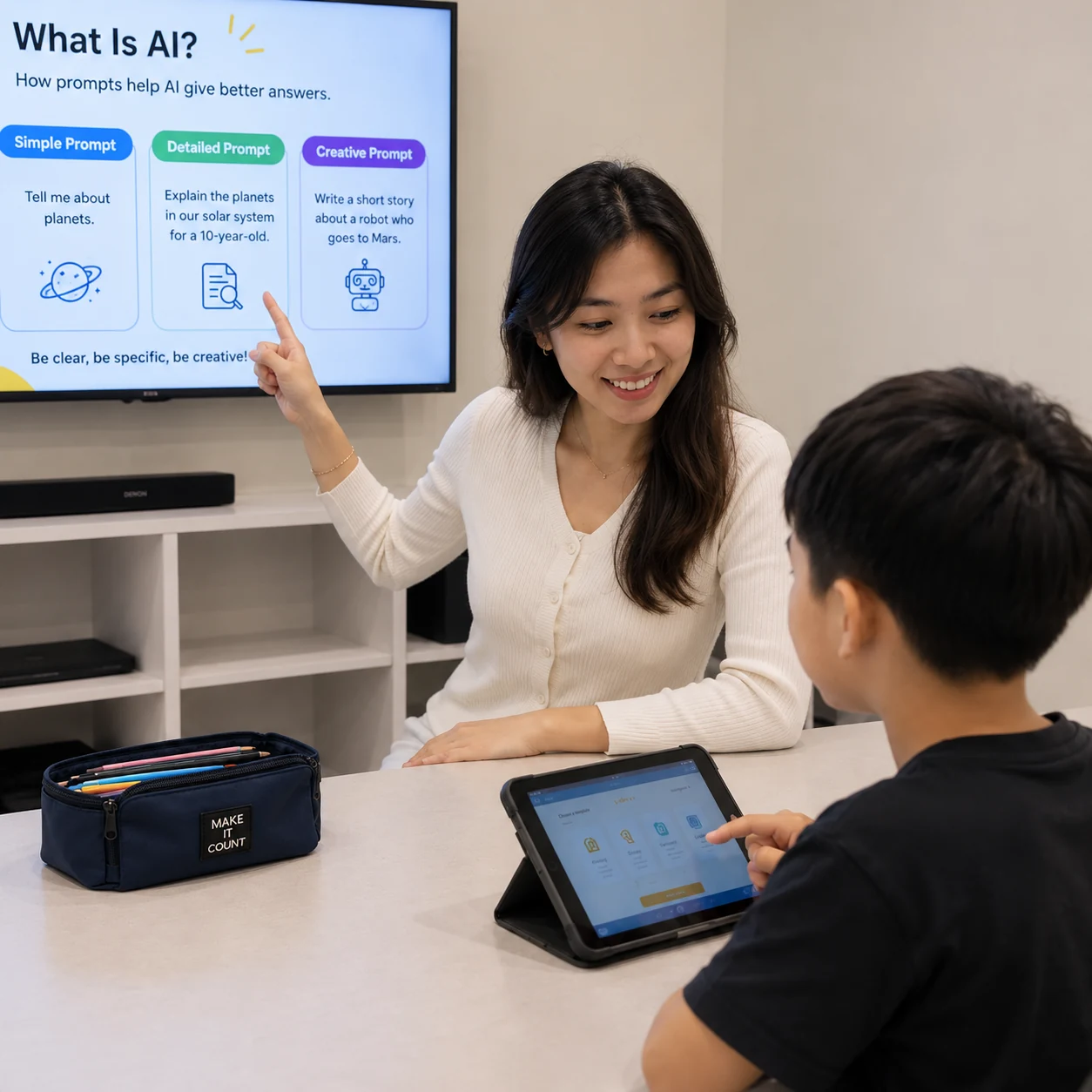 Mentor guiding a child through an AI lesson